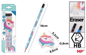 LÁPICES DECORADOS+GOMA FANTASÍA UNICORNIO
