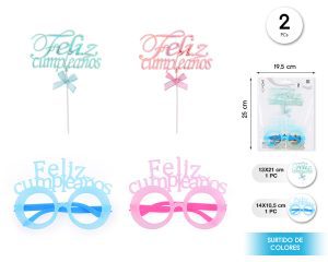 DECORACION DE TARTA Y GAFAS FELIZ CUMPLEAÑOS 2 PIEZAS