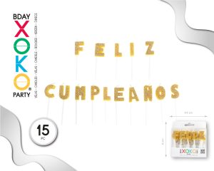 Velas Feliz Cumpleaños 15 piezas Dorado Glitter