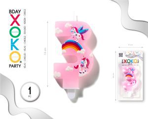 Vela clásica con número de 8,5 cm rosa unicornio Numero 3