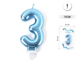 Vela clásica con número de 8,5 cm Azul Claro Numero 3