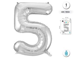 Globo Hinchable con Helio Plata Numero 5 110 Cm