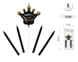 Velas Happy birthday negro y corona 5 piezas