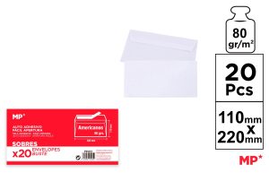 SOBRE BLANCO PARA ENVÍO 110 x 220 mm 20 UNIDADES