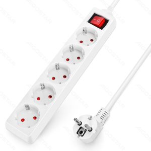 Regleta alemana de 5 vías con interruptor, 1,5 m, 3G, 1,0 mm² blanca