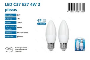 Bombilla LED C37 E27 4W (2 piezas) 6500K