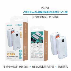 Batería externa de 20000 mAh con carga rápida de 22,5 W; incluye un cable de carga integrado tipo C y Lightning.