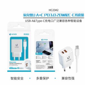 Cargador doméstico con dos puertos USB, batería C&A PD20W y cable USB-C.