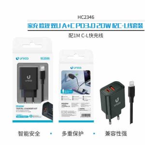 Cargador doméstico con dos puertos USB, batería C&A PD20W y cable C-L.